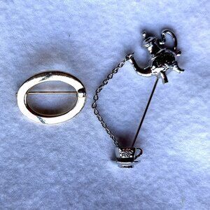2 Vintage Fashion Pins, Avon Colonial Teapot Stickpin and Small Elegant Oval
